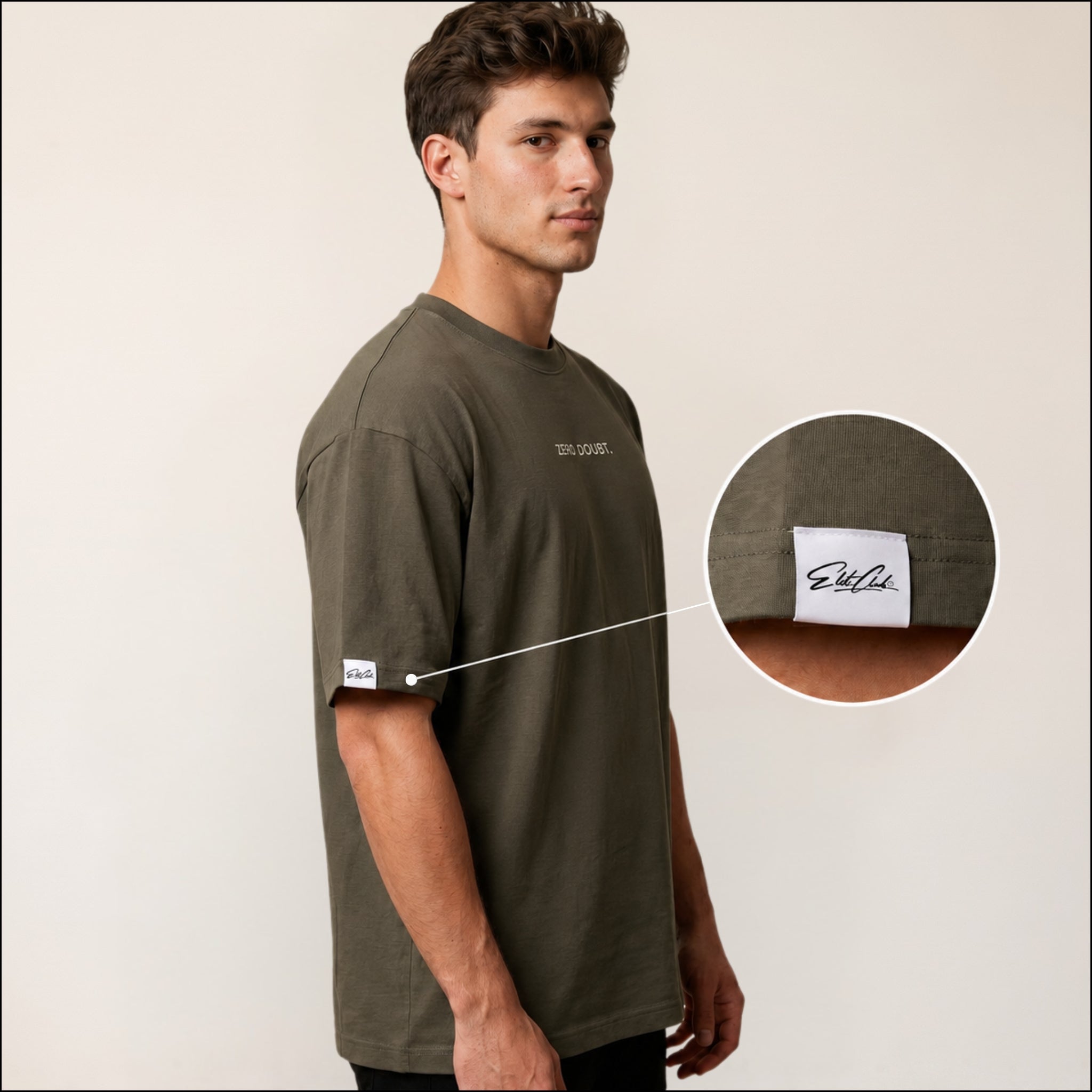 Heavy Oversize T-Shirt Herren 100% Baumwolle Olivgrün ZERO DOUBT – Seitenansicht mit Elite Club Ärmel-Label