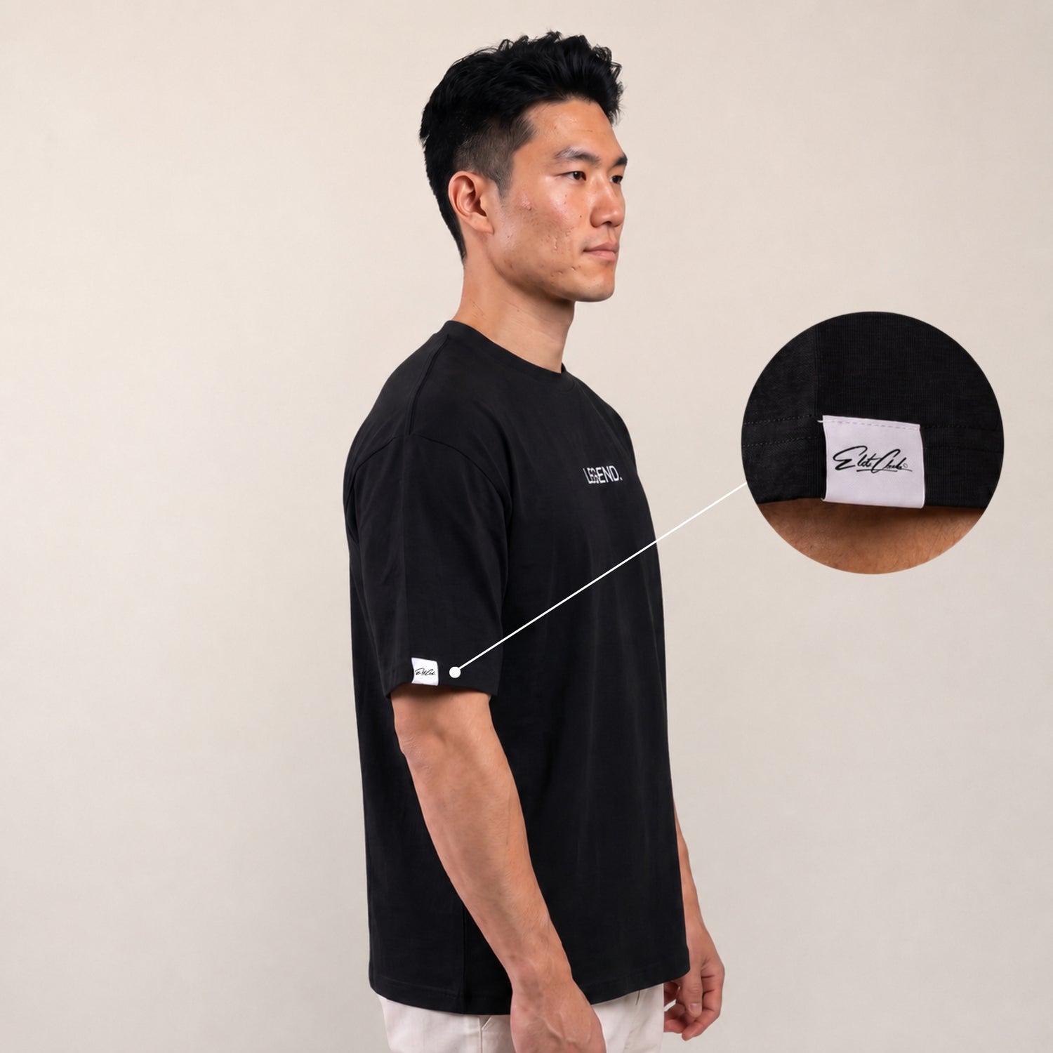 Heavy Oversize T-Shirt Herren 100% Baumwolle Schwarz LEGEND – Seitenansicht mit Elite Club Ärmel-Label