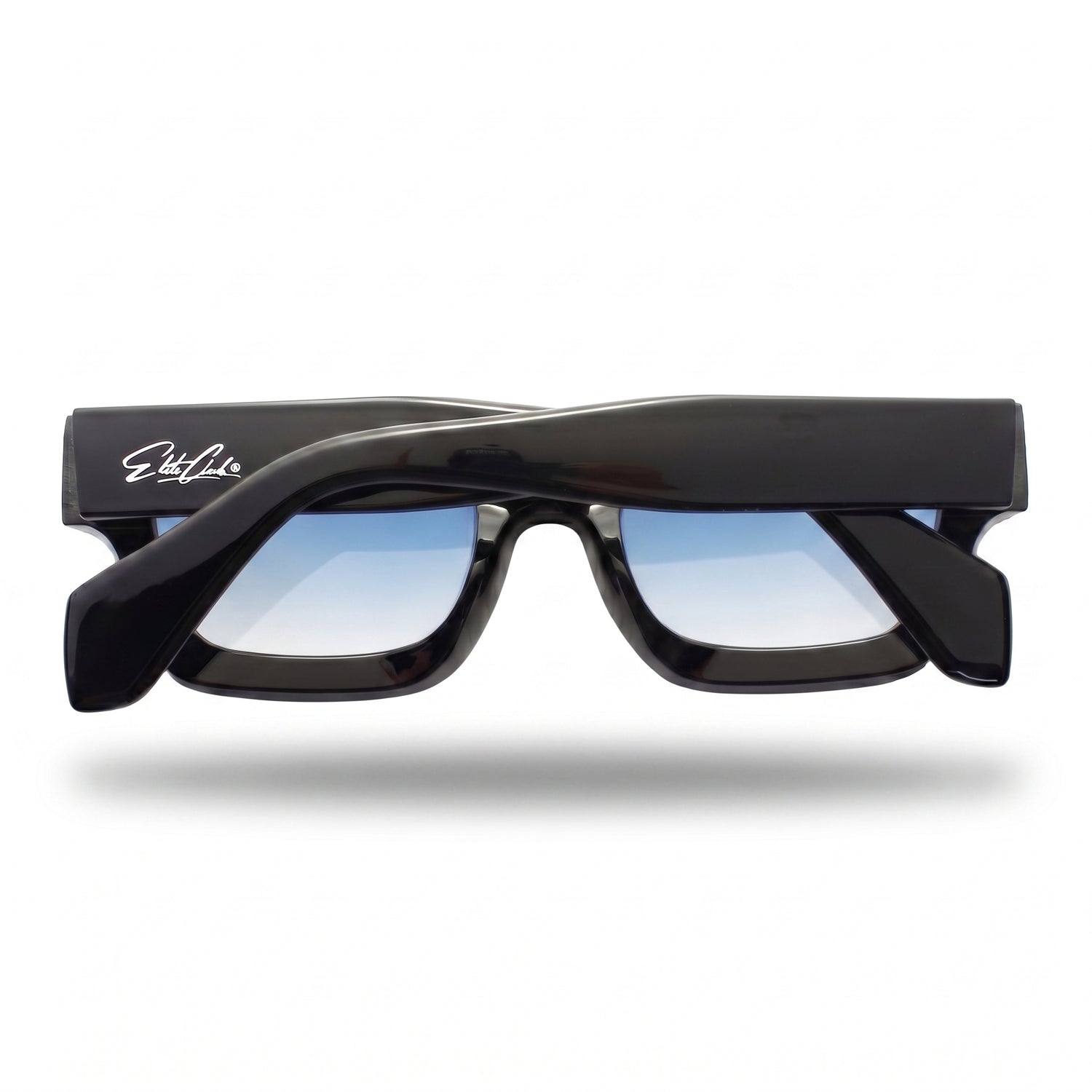 Sonnenbrille Herren mit blauen Verlaufsgläsern, glänzender Rahmen, Rückansicht mit eingeklappten Bügeln