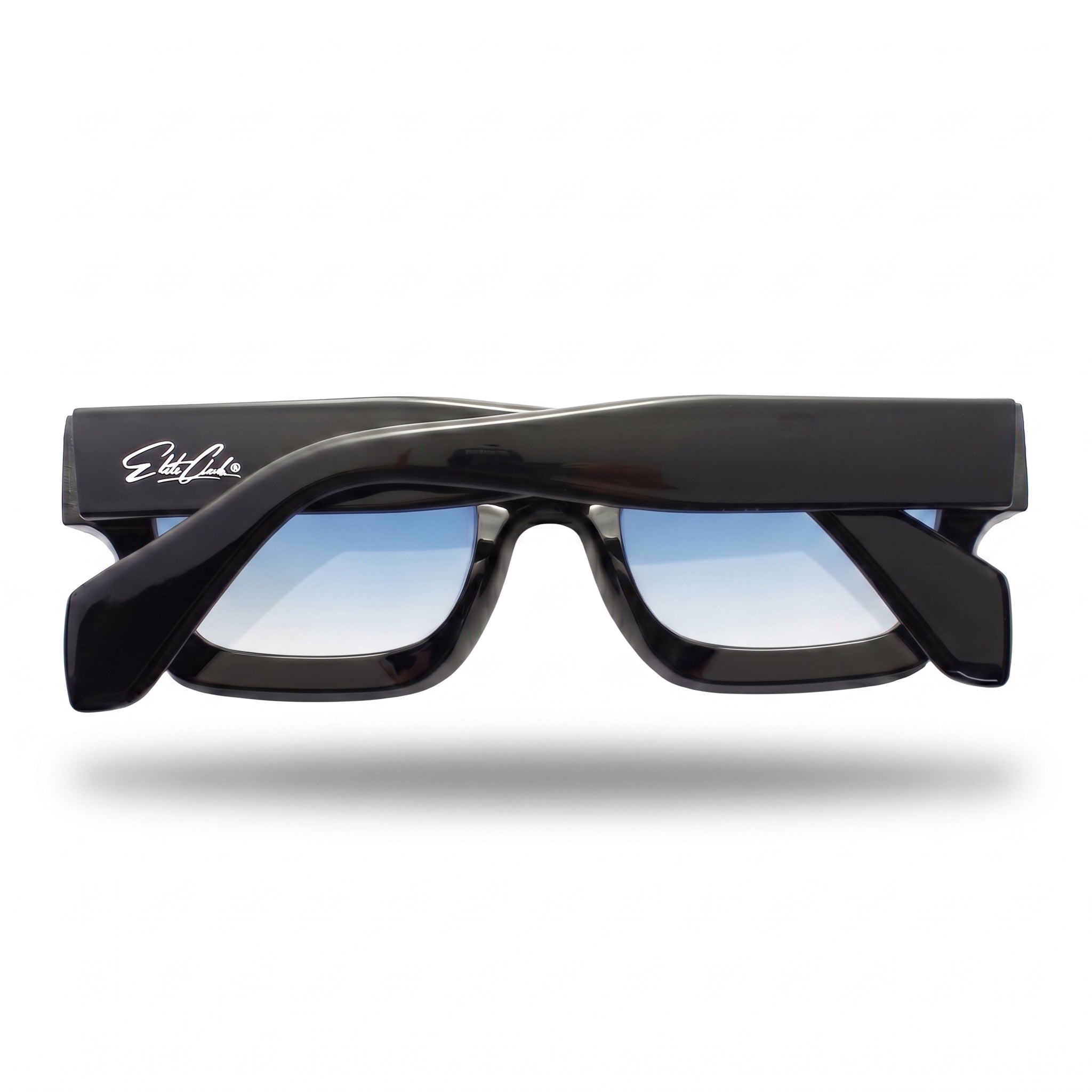 Sonnenbrille Herren mit blauen Verlaufsgläsern, glänzender Rahmen, Rückansicht mit eingeklappten Bügeln