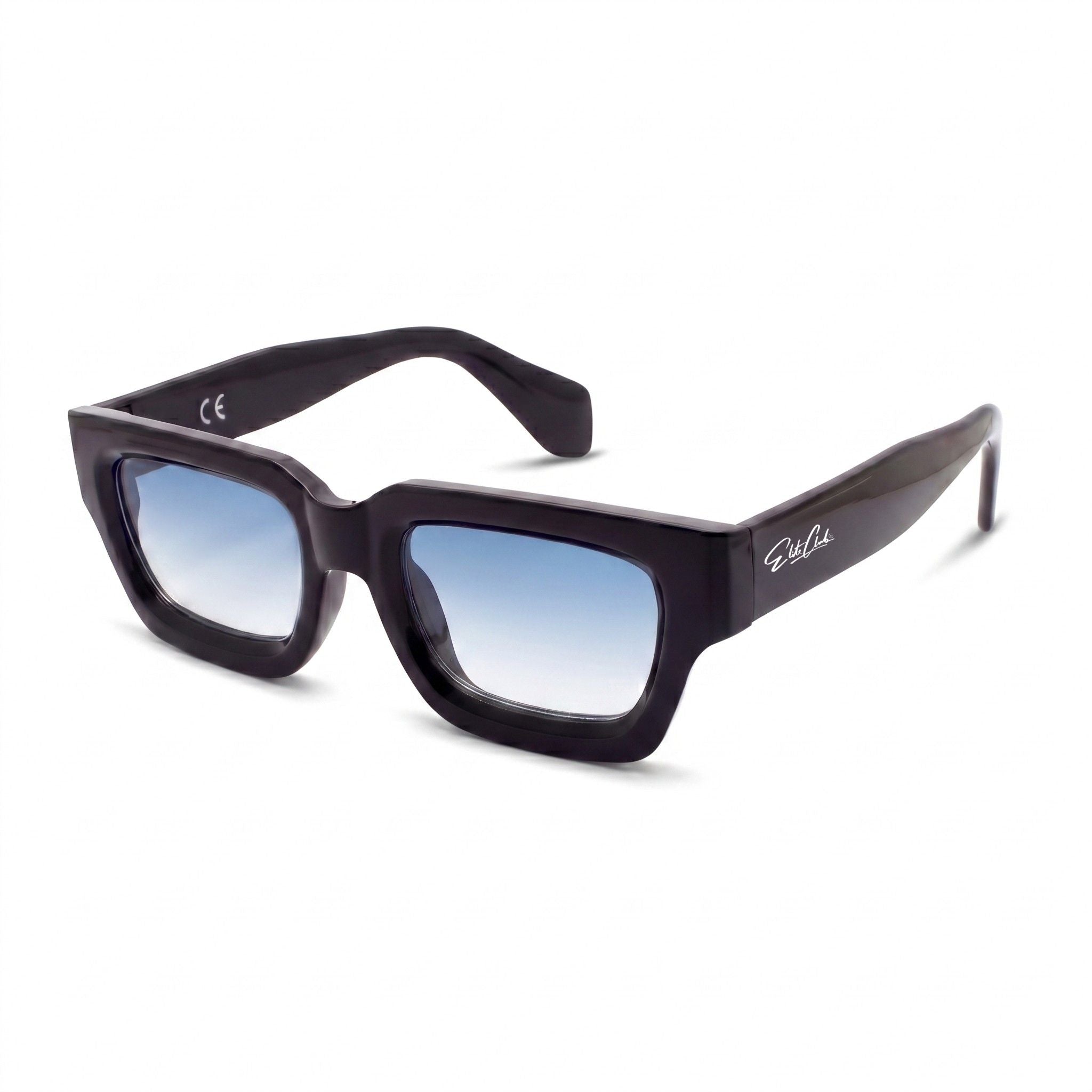 Sonnenbrille Herren mit blauen Verlaufsgläsern, glänzender Rahmen, Seitenansicht mit Elite Club Logo am Bügel