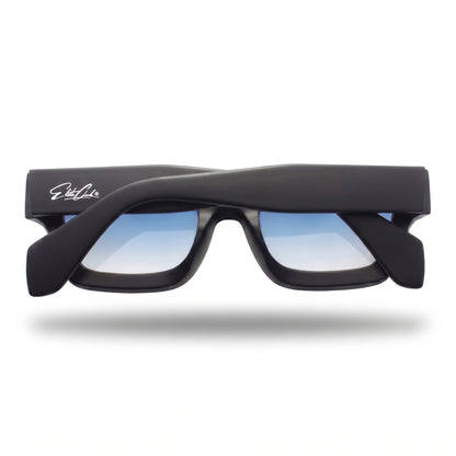 Sonnenbrille Herren mit blauen Verlaufsgläsern, matter Rahmen, Rückansicht mit eingeklappten Bügeln