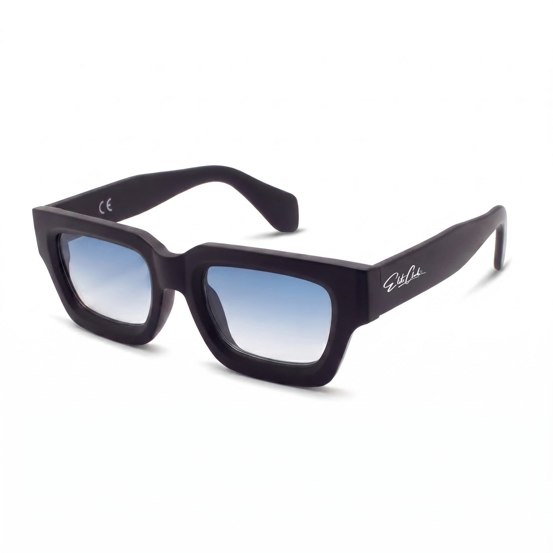 Sonnenbrille Herren mit blauen Verlaufsgläsern, matter Rahmen, Seitenansicht mit Elite Club Logo am Bügel