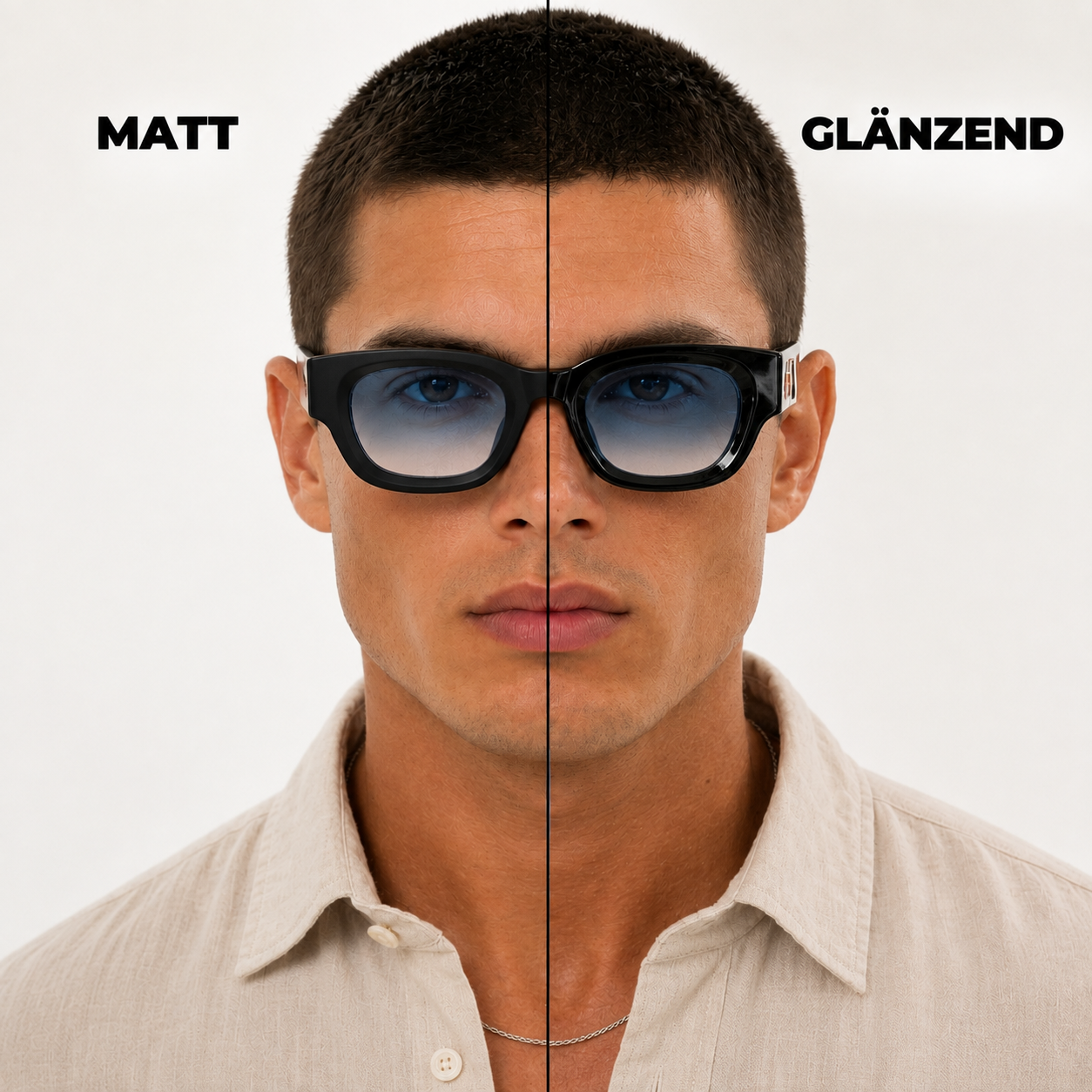 Sonnenbrille Herren mit blauen Verlaufsgläsern, Vergleich zwischen mattem und glänzendem Rahmen