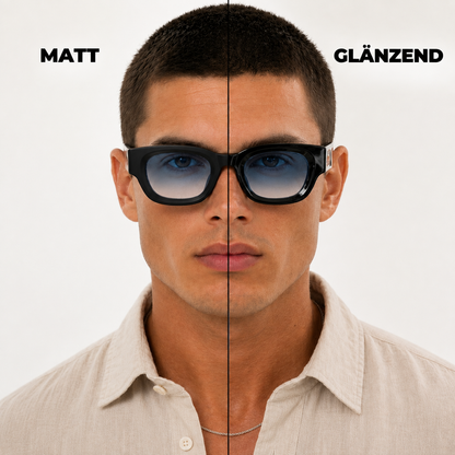 Sonnenbrille Herren mit blauen Verlaufsgläsern, Vergleich zwischen mattem und glänzendem Rahmen
