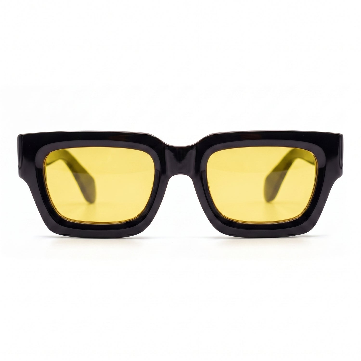 Sonnenbrille Herren mit gelben Gläsern und glänzendem schwarzem Rahmen, Frontansicht