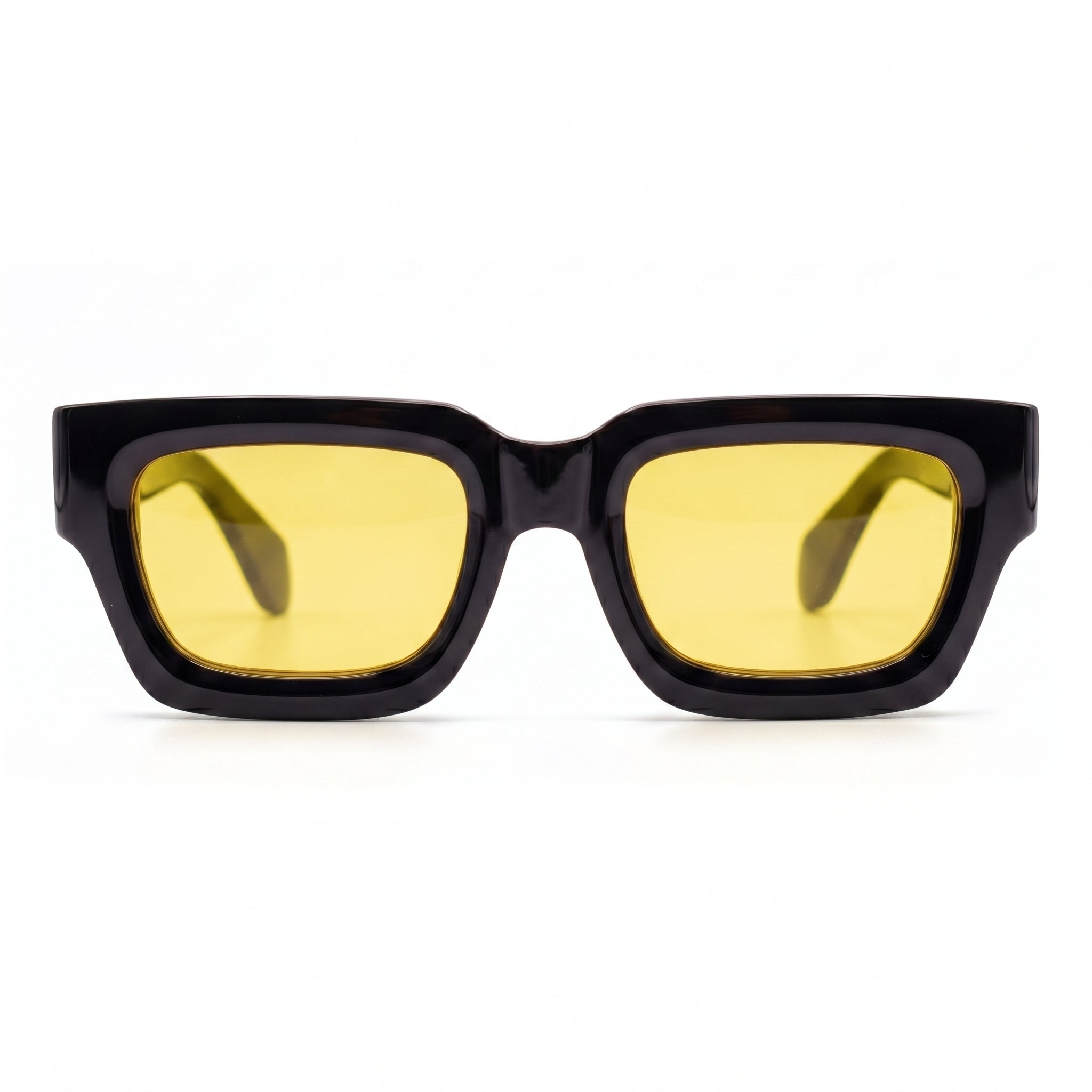 Sonnenbrille Herren mit gelben Gläsern und glänzendem schwarzem Rahmen, Frontansicht
