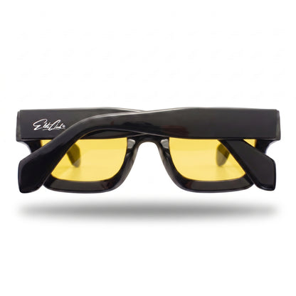 Sonnenbrille Herren mit gelben Gläsern, glänzender Rahmen, Rückansicht mit eingeklappten Bügeln