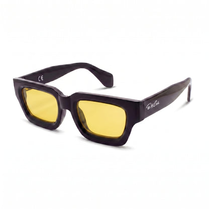 Sonnenbrille Herren mit gelben Gläsern, glänzender Rahmen, Seitenansicht mit Elite Club Logo am Bügel