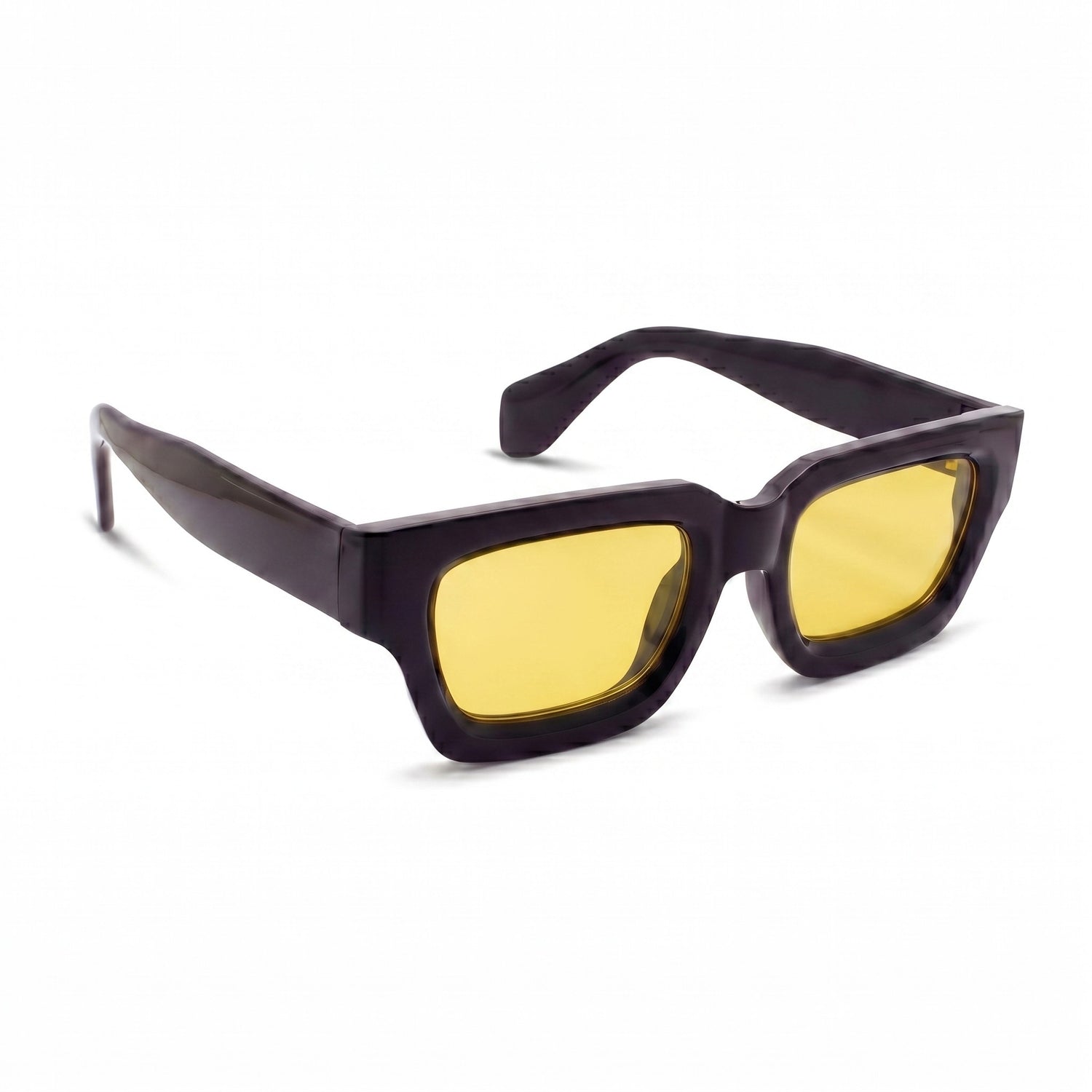 Sonnenbrille Herren mit gelben Gläsern, glänzender Rahmen, Seitenansicht von der gegenüberliegenden Seite