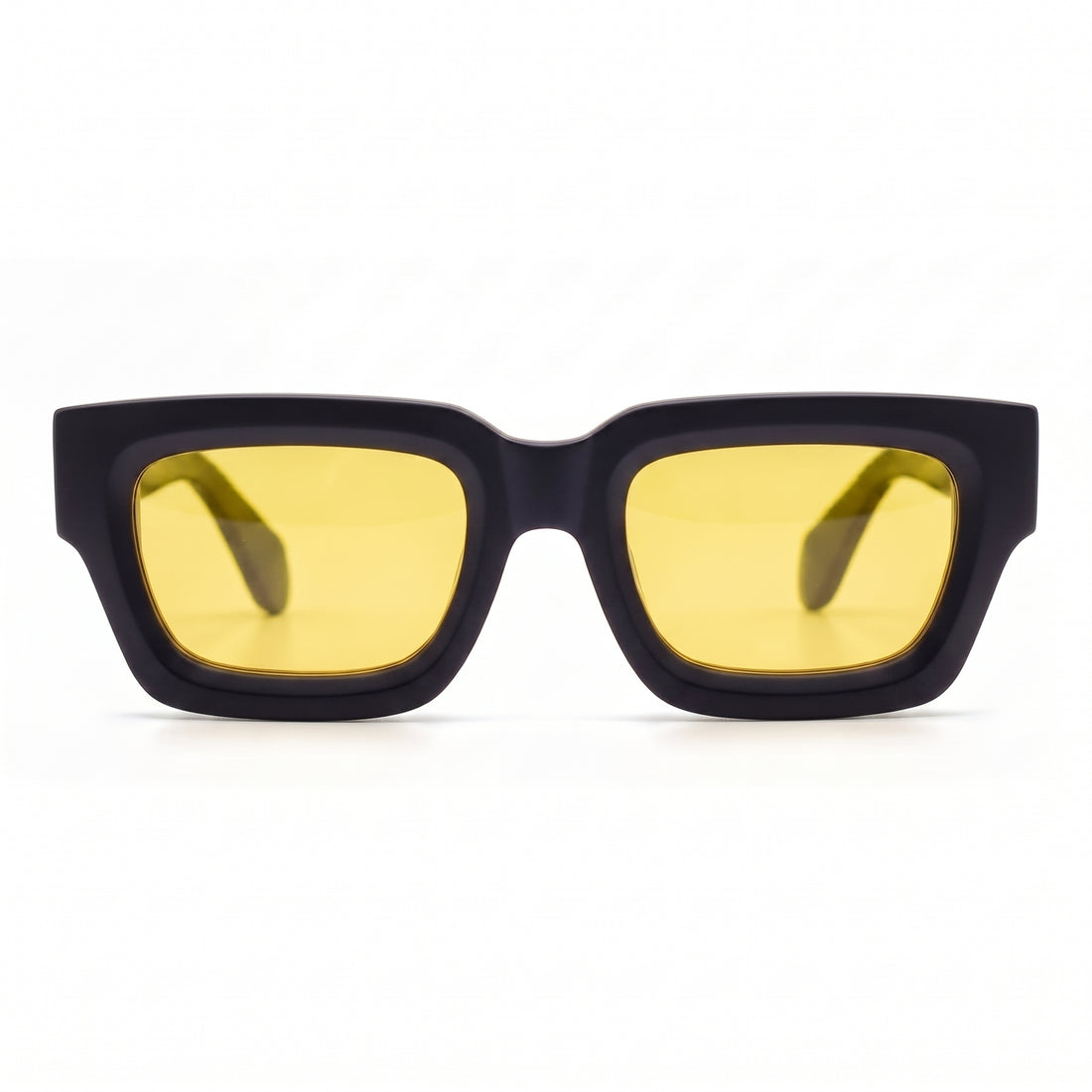 Sonnenbrille Herren mit gelben Gläsern und mattem schwarzem Rahmen, Frontansicht