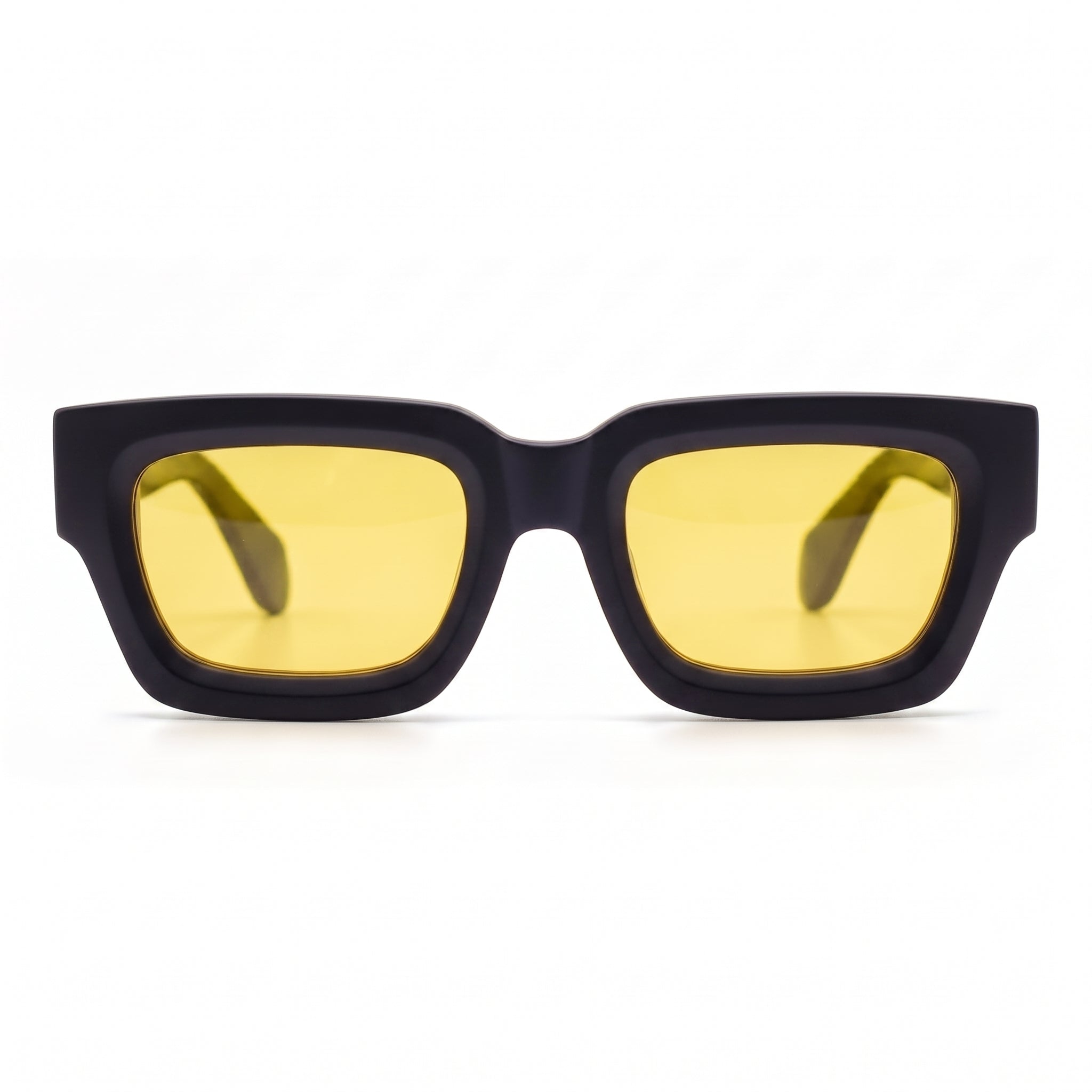 Sonnenbrille Herren mit gelben Gläsern und mattem schwarzem Rahmen, Frontansicht