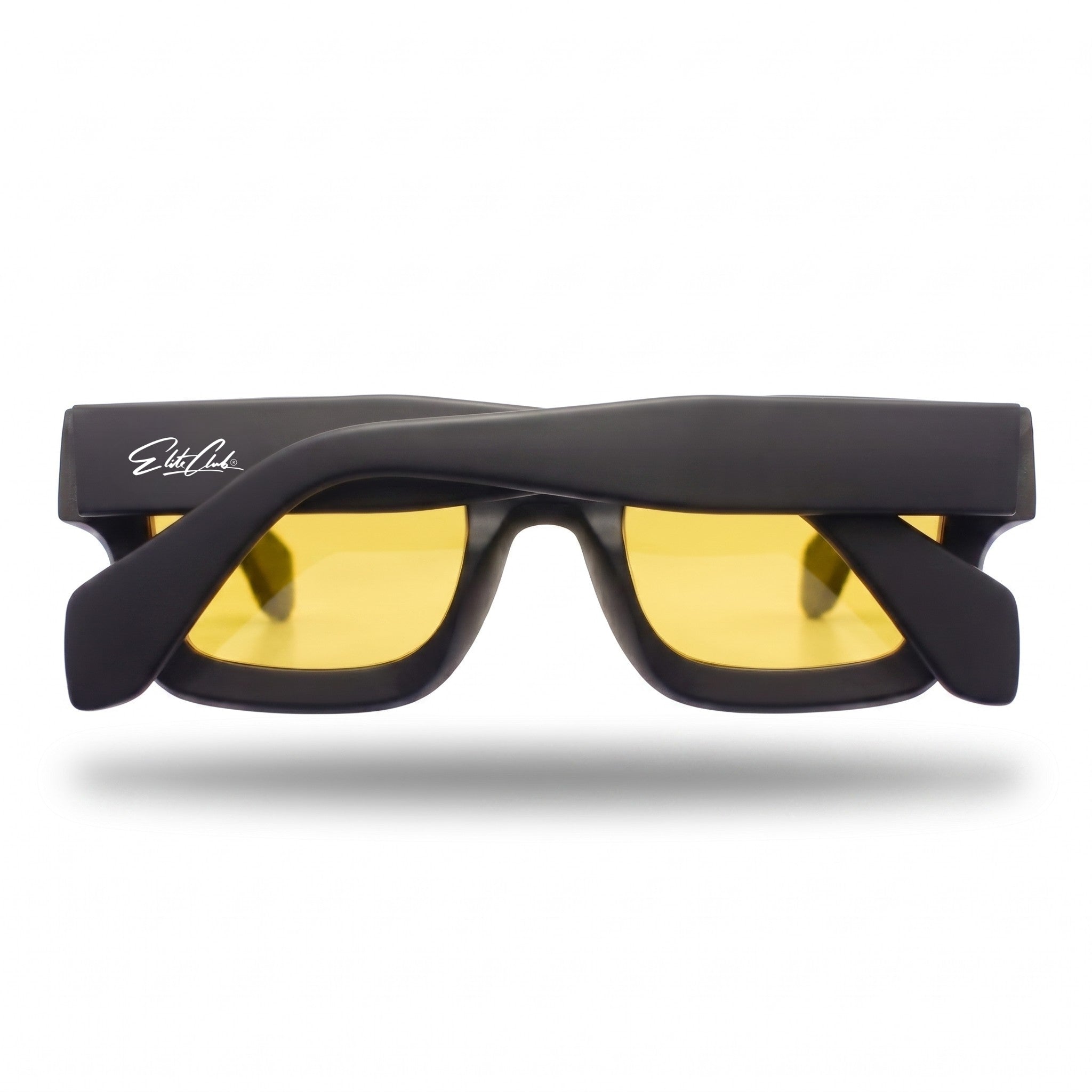 Sonnenbrille Herren mit gelben Gläsern, matter Rahmen, Rückansicht mit eingeklappten Bügeln