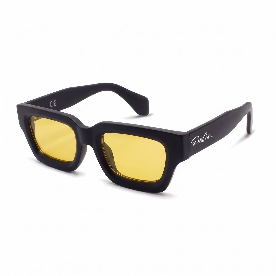Sonnenbrille Herren mit gelben Gläsern, matter Rahmen, Seitenansicht mit Elite Club Logo am Bügel