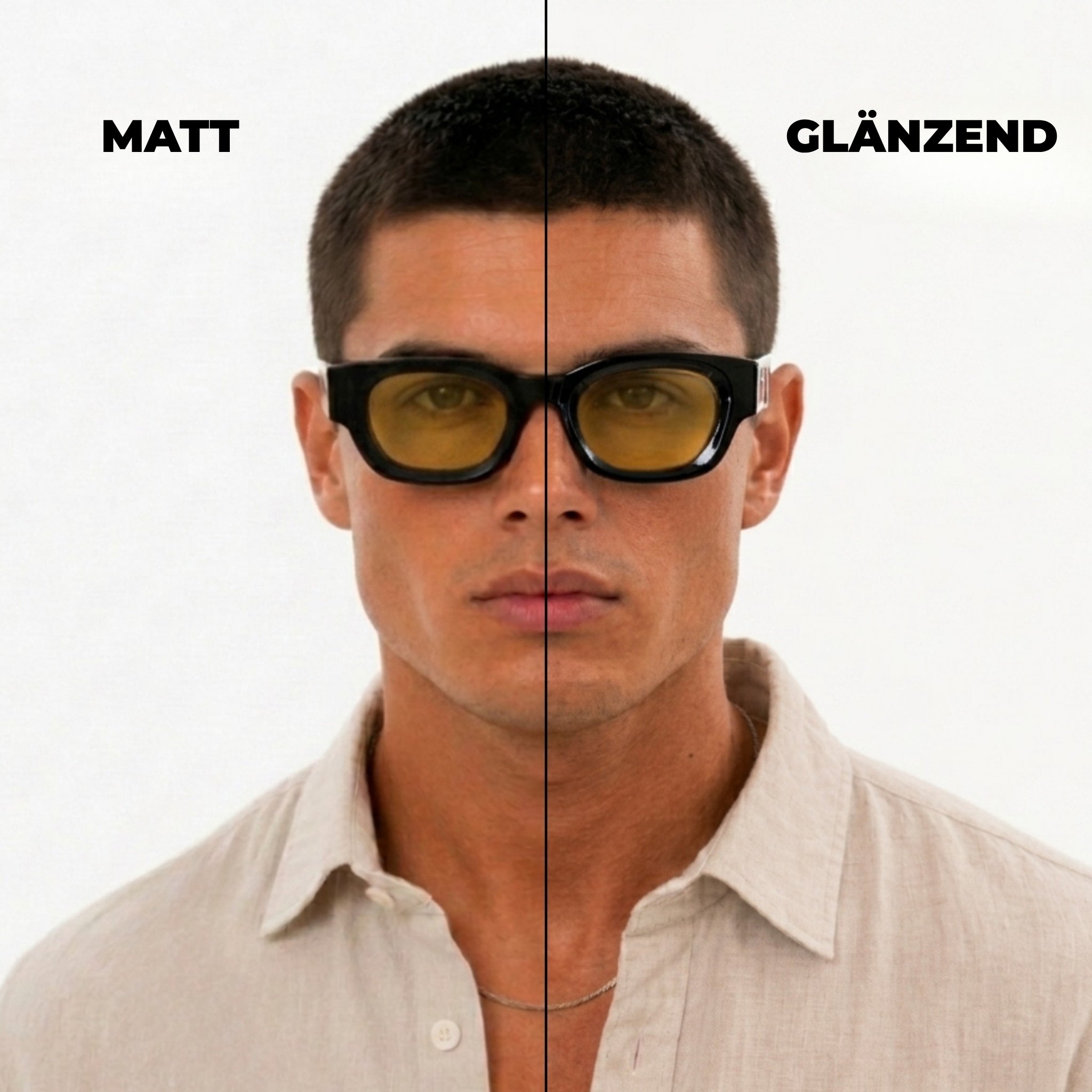 Sonnenbrille Herren mit gelben Gläsern, Vergleich zwischen mattem und glänzendem Rahmen