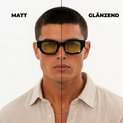 Sonnenbrille Herren mit gelben Gläsern, Vergleich zwischen mattem und glänzendem Rahmen