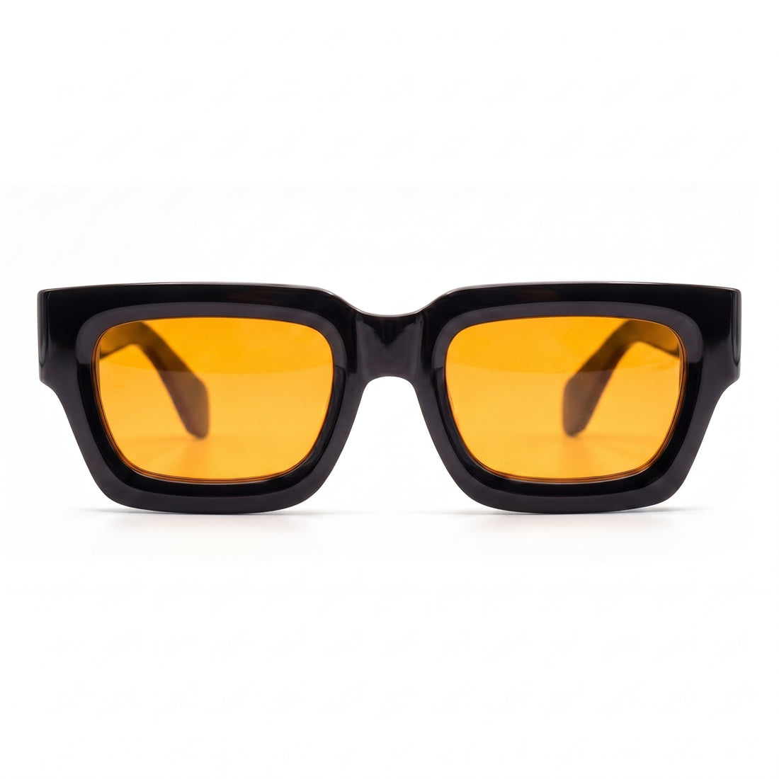 Sonnenbrille Herren mit orangen Gläsern und glänzendem schwarzem Rahmen, Frontansicht