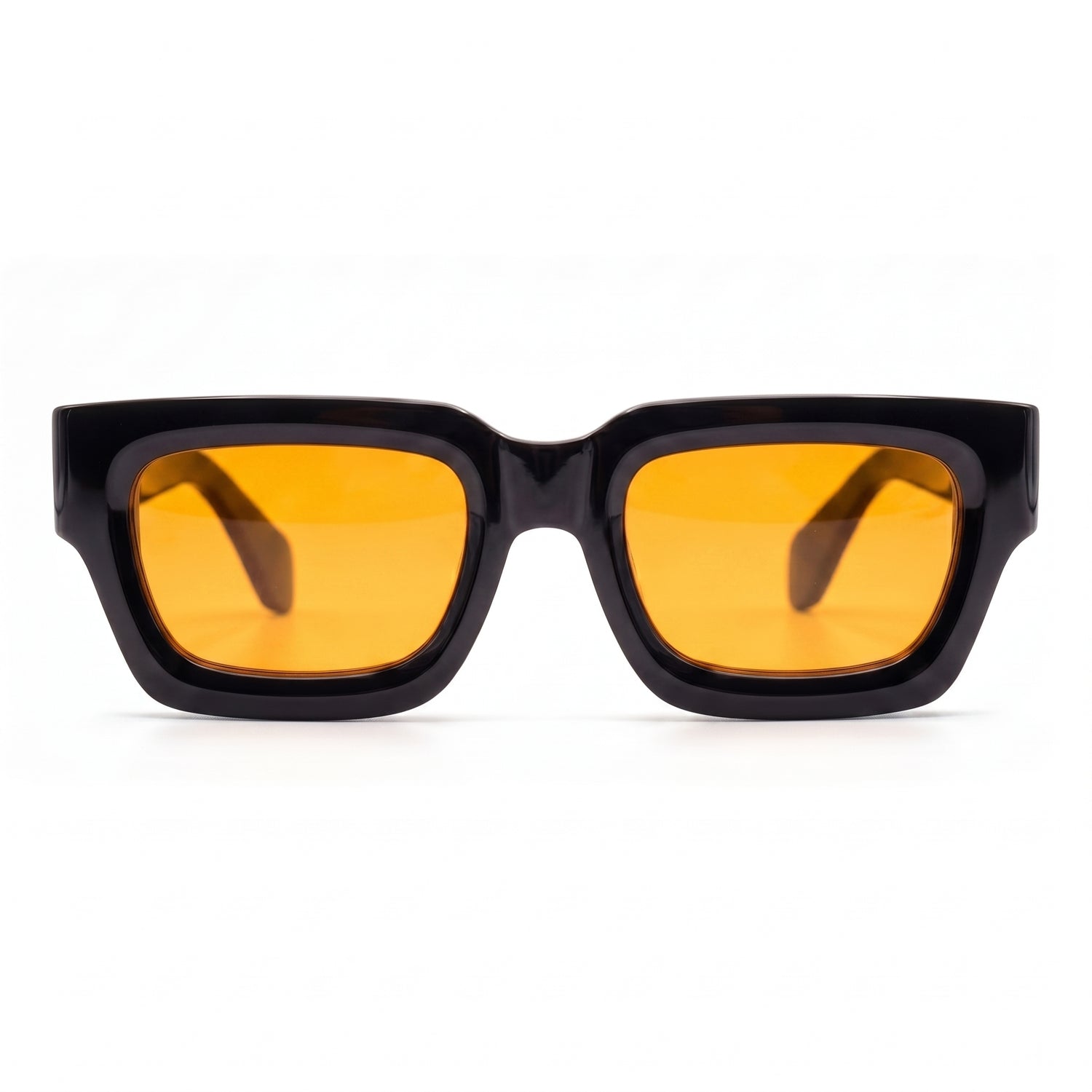 Sonnenbrille Herren mit orangen Gläsern und glänzendem schwarzem Rahmen, Frontansicht