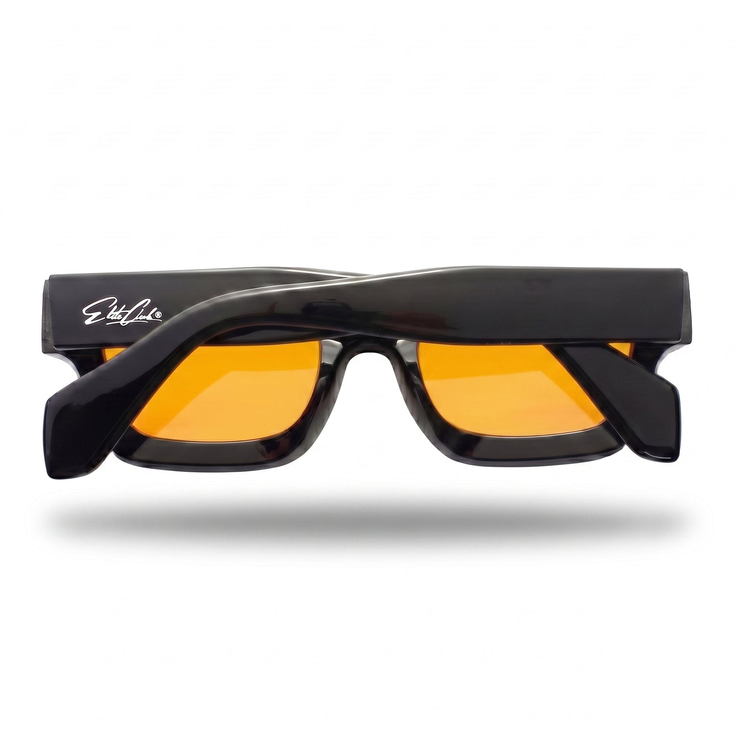 Sonnenbrille Herren mit orangen Gläsern, glänzender Rahmen, Rückansicht mit eingeklappten Bügeln