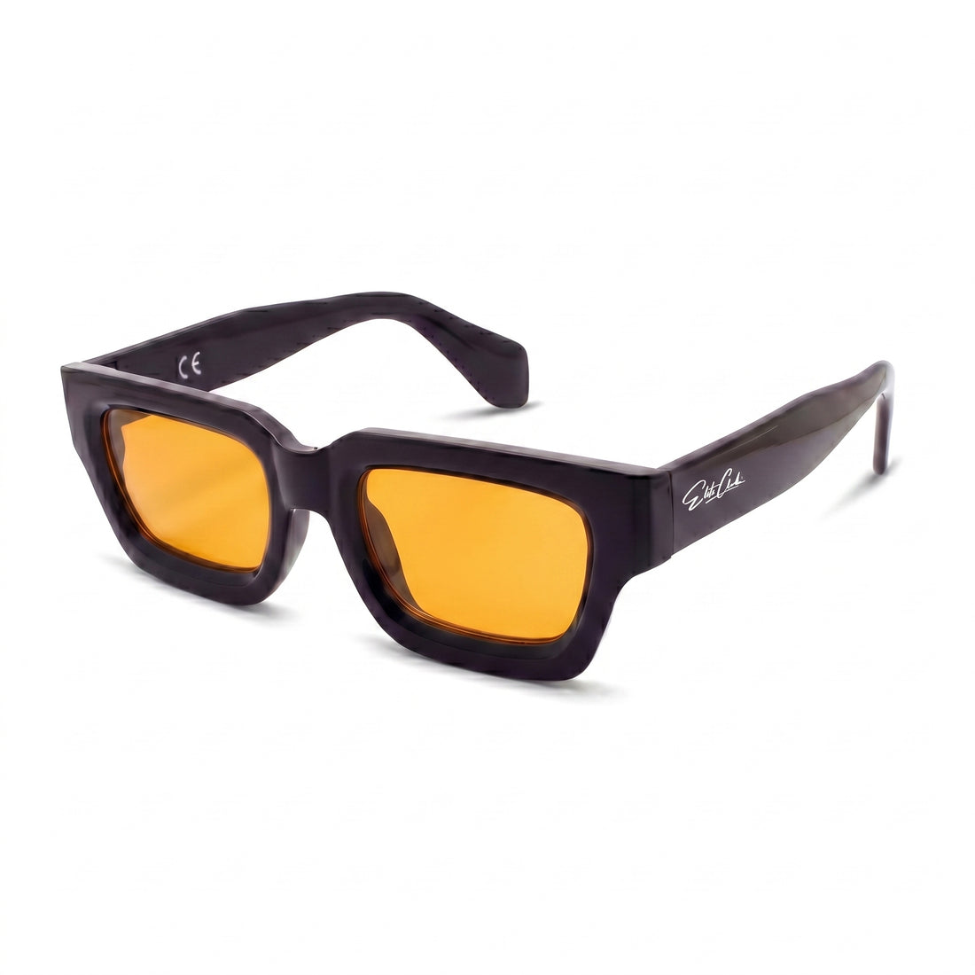 Sonnenbrille Herren mit orangen Gläsern, glänzender Rahmen, Seitenansicht mit Elite Club Logo am Bügel