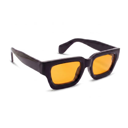 Sonnenbrille Herren mit orangen Gläsern, glänzender Rahmen, Seitenansicht von der gegenüberliegenden Seite