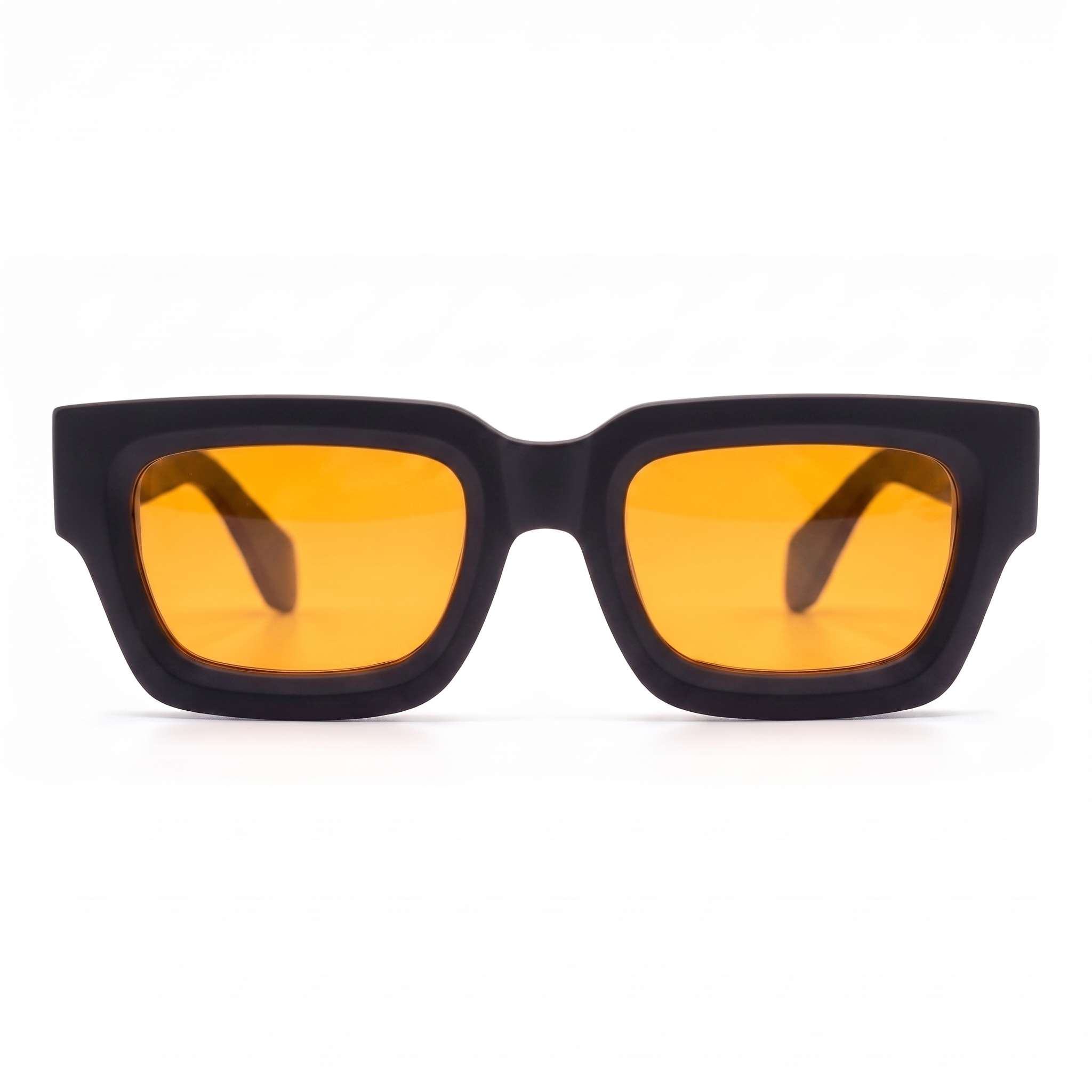 Sonnenbrille Herren mit orangen Gläsern und mattem schwarzem Rahmen, Frontansicht