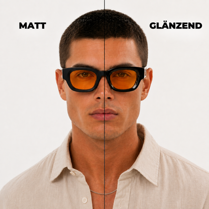 Sonnenbrille Herren mit orangen Gläsern, Vergleich zwischen mattem und glänzendem Rahmen