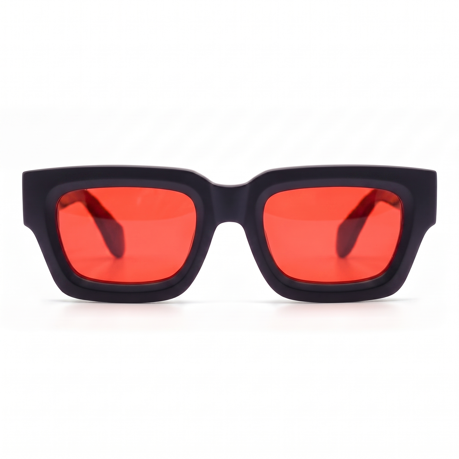 Sonnenbrille Herren mit roten Gläsern und mattem schwarzem Rahmen, Frontansicht