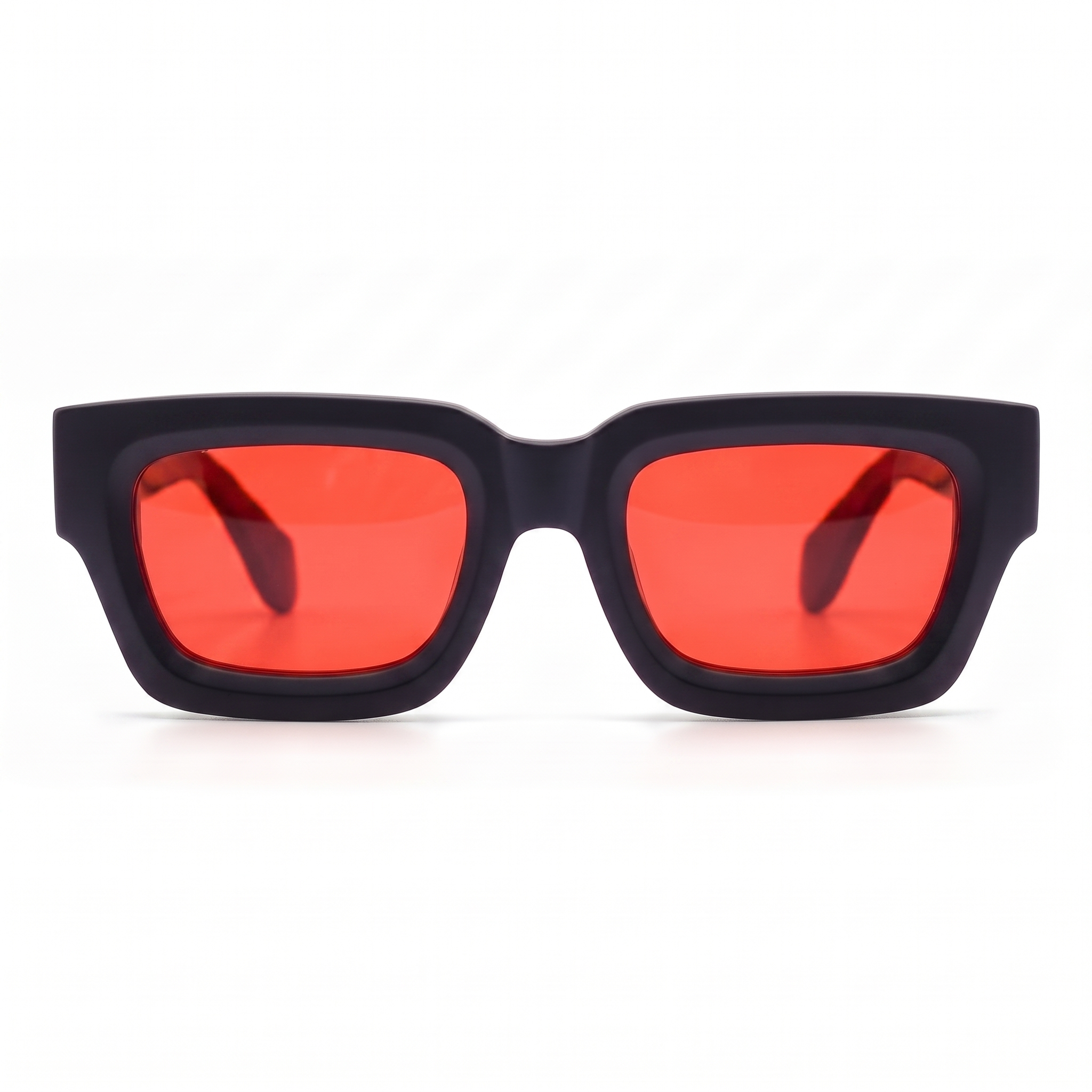 Sonnenbrille Herren mit roten Gläsern und mattem schwarzem Rahmen, Frontansicht