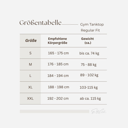 Gym Tanktop Herren Schwarz Dropped Shoulder – Größentabelle mit empfohlener Körpergröße