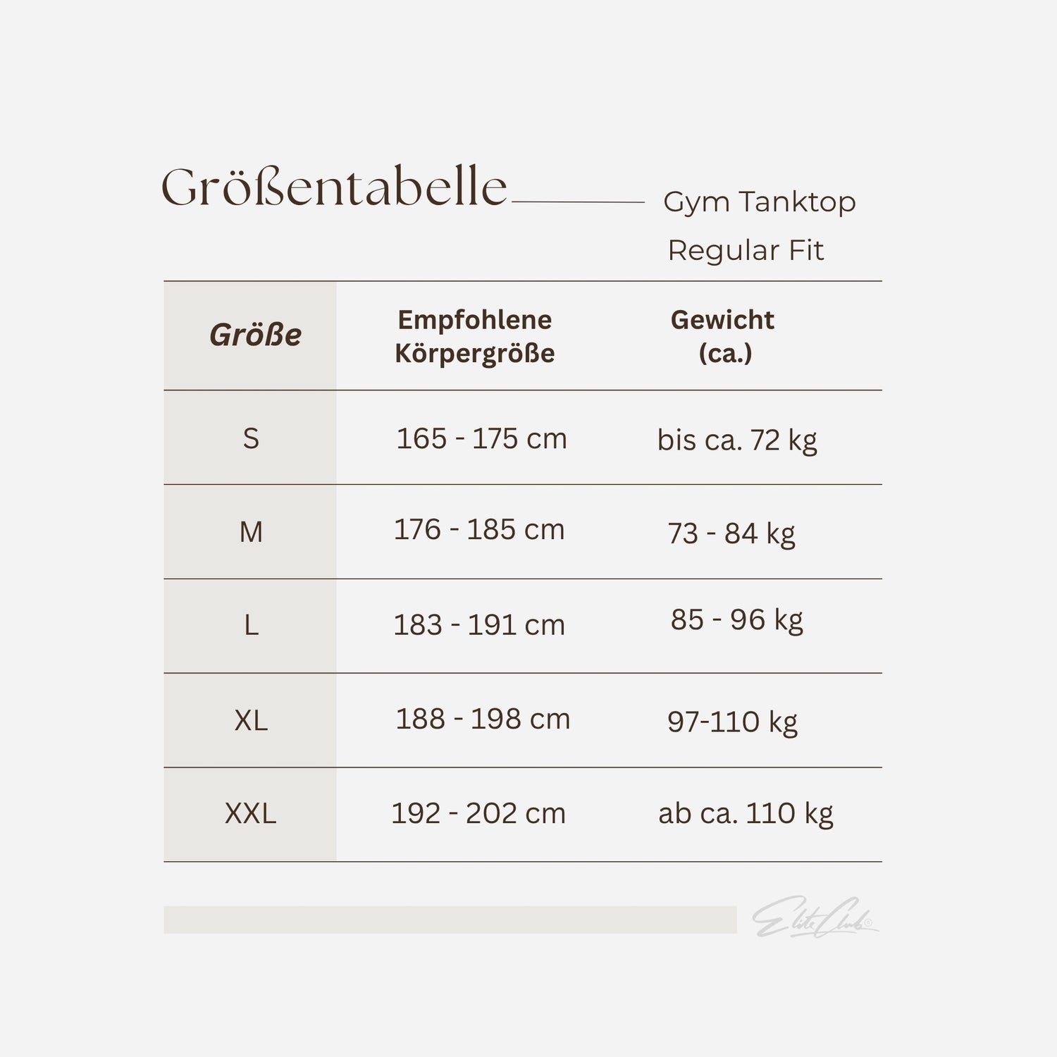 Gym Tanktop Herren Schwarz mit weißen Kontraststreifen – Größentabelle mit empfohlener Körpergröße