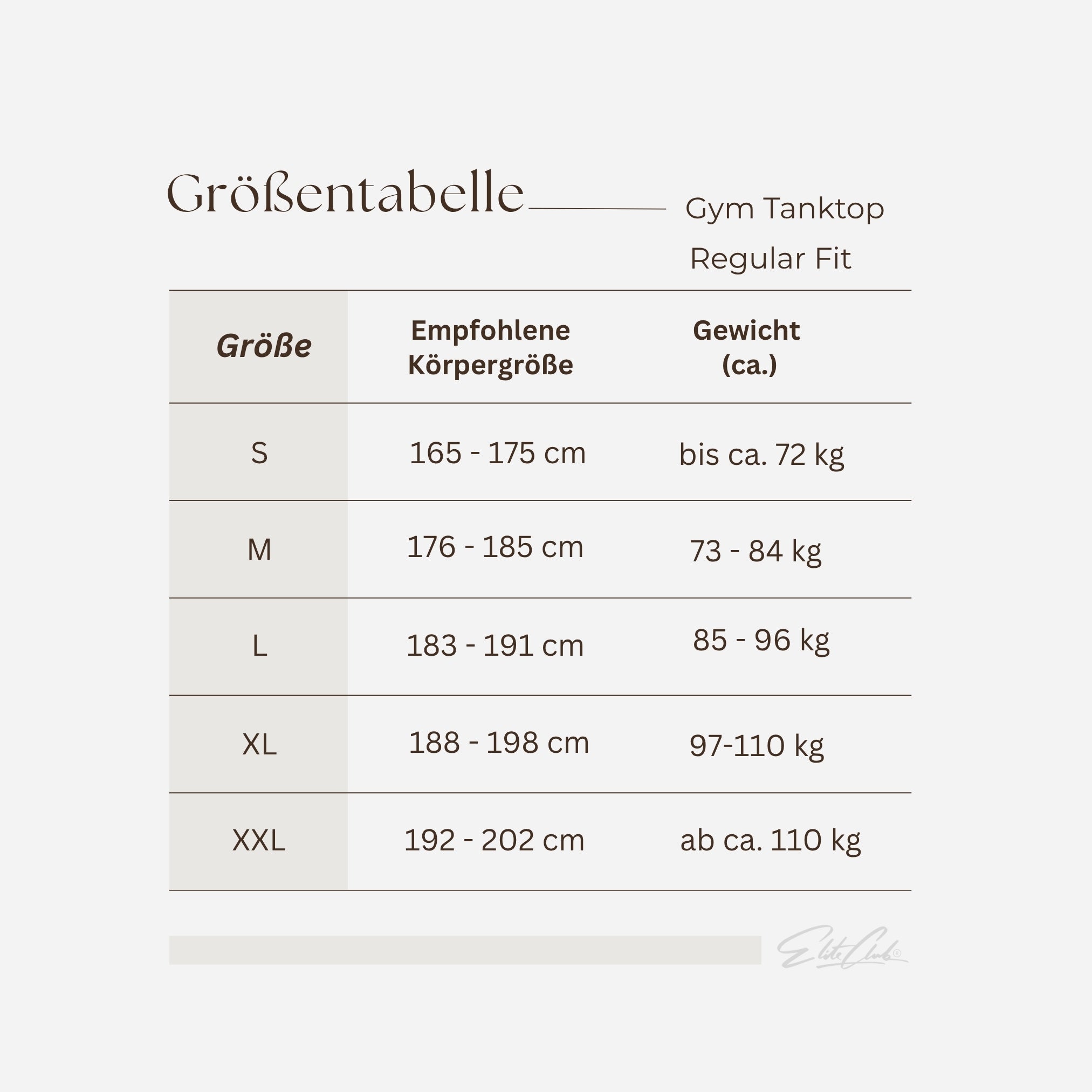 Gym Tanktop Herren Schwarz mit weißen Kontraststreifen – Größentabelle mit empfohlener Körpergröße