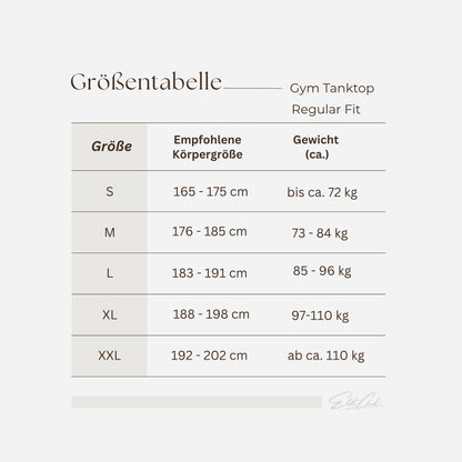 Gym Tanktop Herren Schwarz mit weißen Kontraststreifen – Größentabelle mit empfohlener Körpergröße