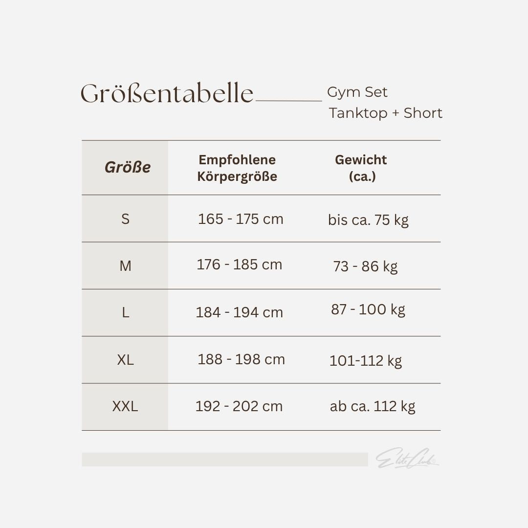 Gym Tanktop und Shorts Set Herren Schwarz – Größentabelle mit empfohlener Körpergröße