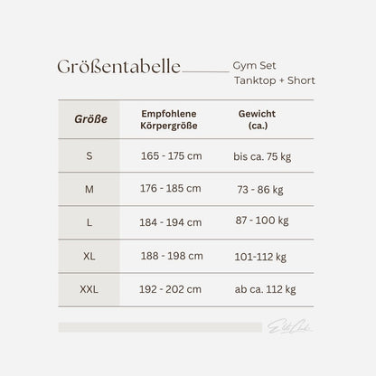 Gym Tanktop und Shorts Set Herren Schwarz – Größentabelle mit empfohlener Körpergröße